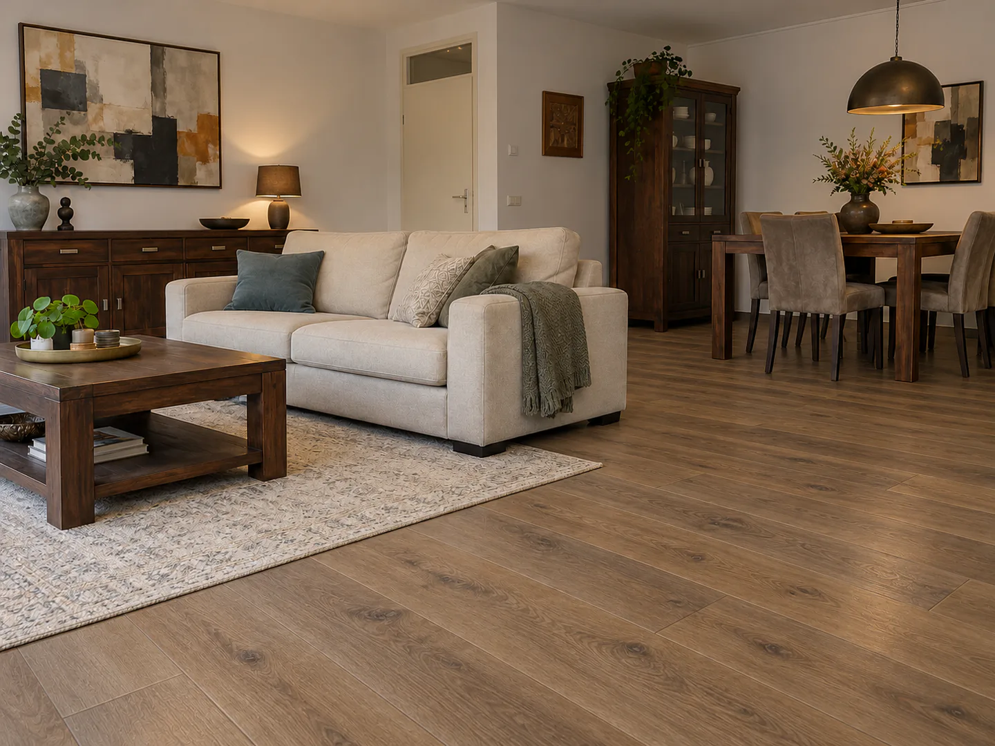 Stadsinterieur met brede PVC-planken, demonstratiebeeld