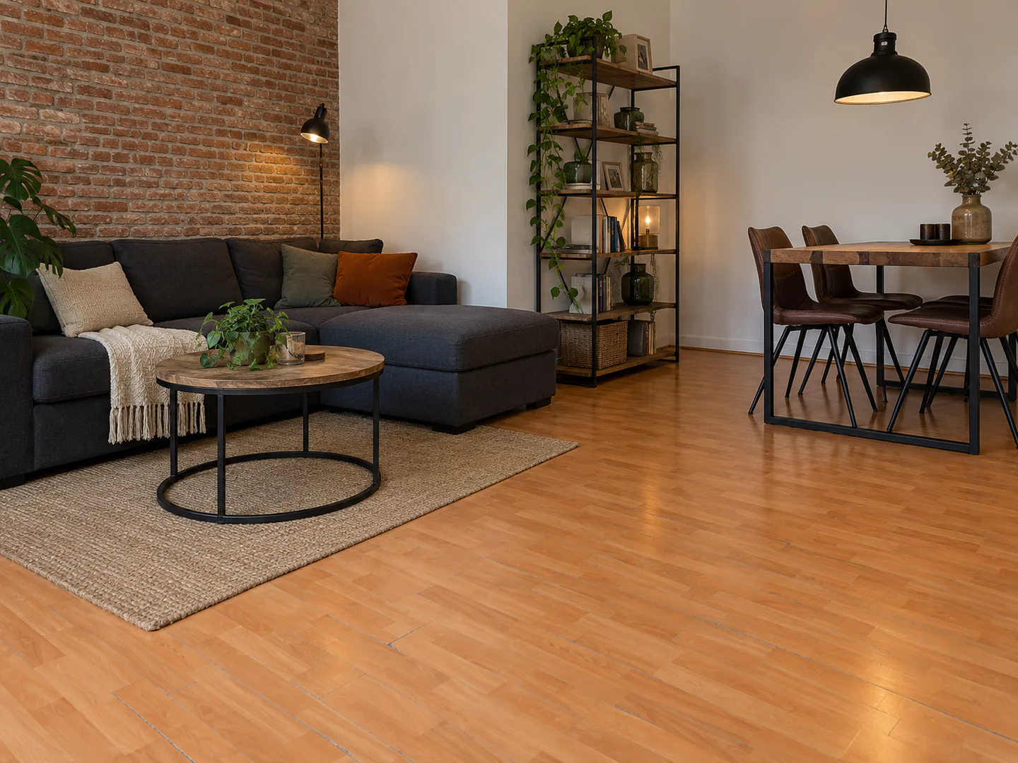 Compact loftinterieur met een gedateerde oranje beukenlaminaatvloer, demonstratiebeeld